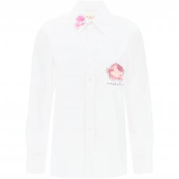 Marni Women's White Poplin Shirt with Flower Print Patches and Embroidered Logo