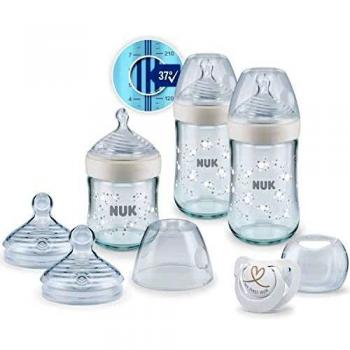 NUK NaturSinn Glasflaschen Trio – Temperaturanzeige, Trinksauger & Genius Schnuller, 0‑6 Monate, weiß