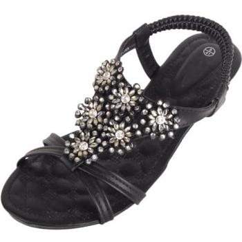 Black Floral Jewel Mid-Wedge Sandals