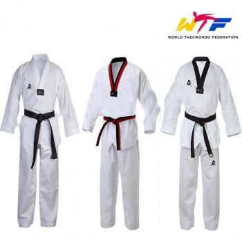 Uniforme de Taekwondo negro y rojo, 100% algodón, estándar WTF, cuello en V