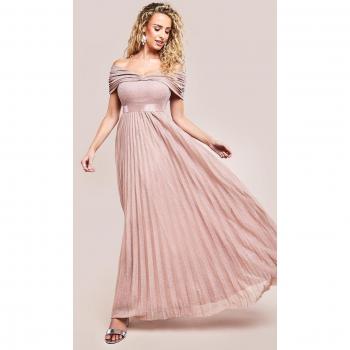 Goddiva Maxi Dress featuring a Bardot Neckline and Pleated Skirt in Blush Color