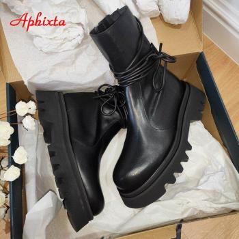 Bottes croisées Aphixta pour femmes, talons épais, cheville, noires