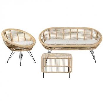 Set Divano 3 Posti Boho con Tavolino in Rattan Naturale Beige Chiaro e Cuscini in Cotone di Media Resistenza per Interni ed Esterni
