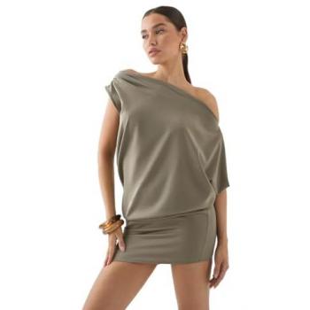 MISSPAP Women's Satin Mini with Off-Shoulder – Khaki 8
