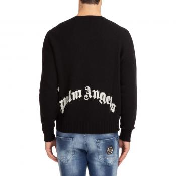 Palm Angels Men's Black/White Curved Logo Crew Knit