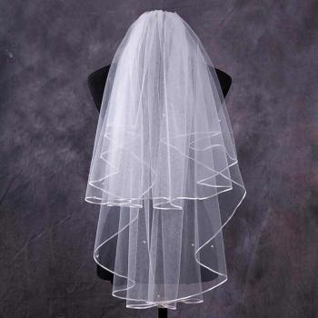 White Beaded Elbow Length Bridal Veil