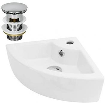 ML-Design Lavabo d'angle en Céramique Blanc, 46x33x13 cm, Angulaire, avec Bouchon de Vidage Chrome en Laiton, Trop-Plein et Trou pour Robinet Inclus