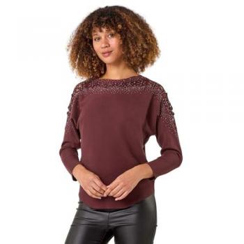 Women's Small Roman Contrast Embellished Knit Sweater in Burgundy