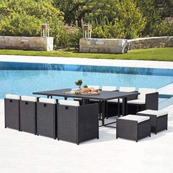 Set da Giardino Incassato 12 Posti Resina Intrecciata Nero/Bianco Sunset