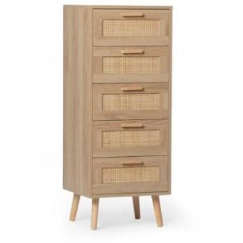 Mueble Rústico Estrecho 5 Cajones, Madera Color Natural y Ratán Tahití