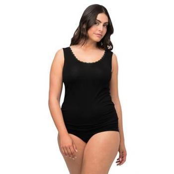 Canottiera in cotone con pizzo, scollo rotondo, Donna, Nero, Taglia 52/54