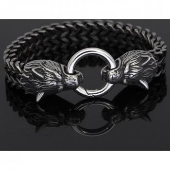 Stainless Steel Viking Wolf Head Men's Bracelet with Bag