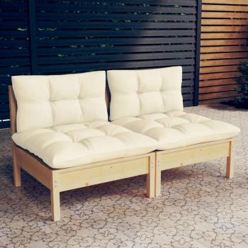 Sofá de jardín de 2 plazas con cojines crema de madera maciza