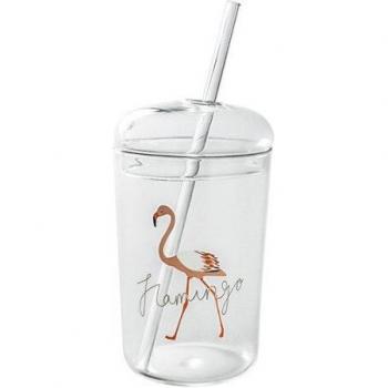 Flamingo Smoothie Glass Mug with Straw and Lid