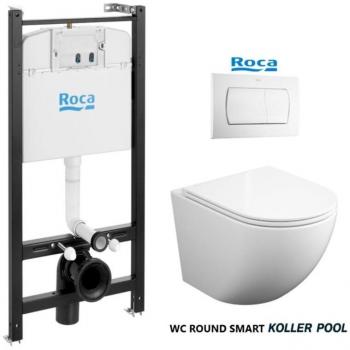 Pack WC Suspendido Roca Active con Pulsador Blanco + Inodoro Koller Pool Round Smart 52 cm Tornado 3.0, Tapa Soft Close