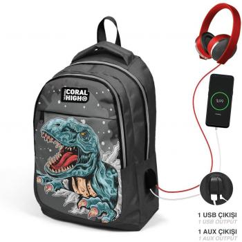 Black Dinosaur Design USB School Backpack