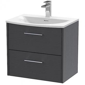 Juno Graphite Grey 600mm Wall Hung Vanity Unit with Curved Ceramic Basin and 2 Drawers