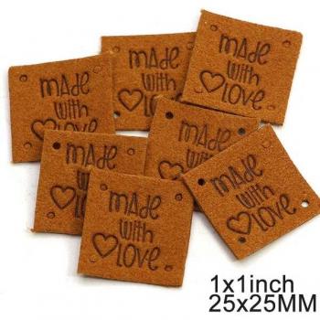 1 Inch Square Leather Made with Love Sewing Tags for Garments