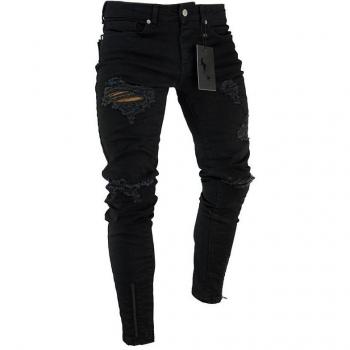 Jeans noirs moulants à la mode de rue, trous et plis