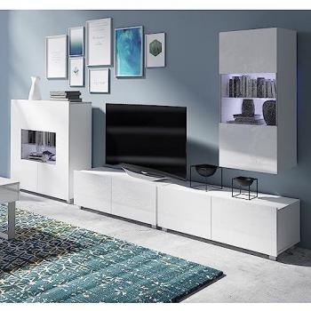 Moderne Wohnwand CAIRNS-132, 4-teilig, in weiß Hochglanz mit LED-Beleuchtung