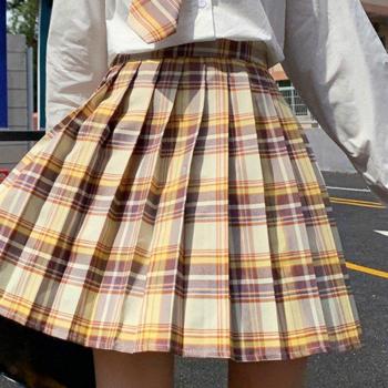Girls' JK School Uniform: White Long Sleeve Top & High Waist Plaid Skirt