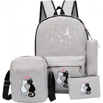 4pcs Preppy Cat Print Backpack Set for Girls