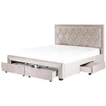 Glam Velvet Bed EU Super King Size 6ft Storage Drawers Tufted Headboard Beige Lievin