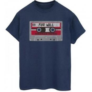 T-shirt in Cotone Blu Navy Stranger Things per Donne con Stampa Cassetta