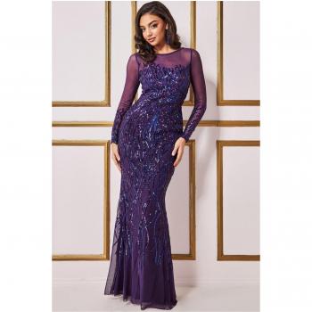 Sequin Flame Maxi Dress, Purple, Long Sleeve by Goddiva