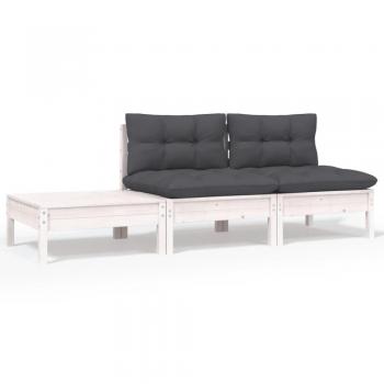 Juego de muebles de jardín 3 piezas con cojines de pino blanco