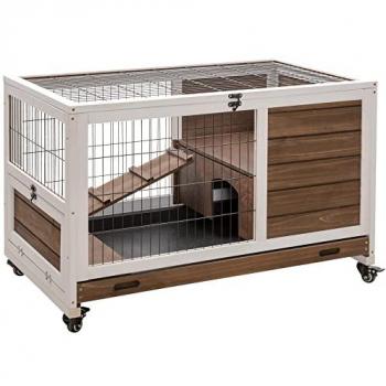 Clapier à lapin sur roulettes – toit ouvrant, plateau coulissant, rampe bois