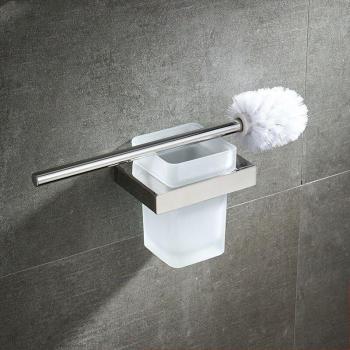Square Glass Cup Holder Toilet Brush Rack Chrome/Black Stainless Steel Wall-Mounted