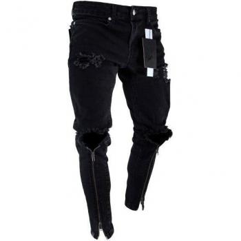Jean Slim Fit Détresse Moto Frisé Long Noir