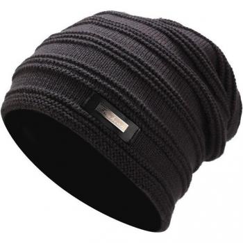 Slouchy Wintermütze für Herren, Fleece-Futter, unisex, gestreift, mit Text-Patch in Schwarz, Braun und Dunkelgrau
