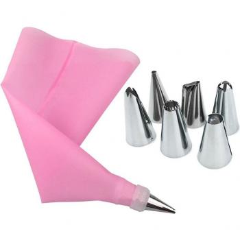 8 Piece Pastry Decorating Set with 6 Stainless Steel Nozzles and Silicone Bag