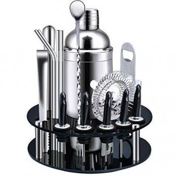 Travel Bar Master: 18‑Piece Stainless Steel Shaker Set with Rotating Stand & Pocket Recipes