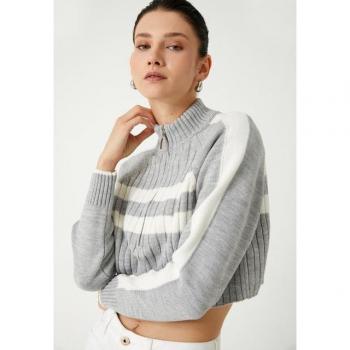 Koton Damen Crop‑Pull mit gestreiftem Muster, langarmig, Reißverschluss oben, Stehkragen – XS