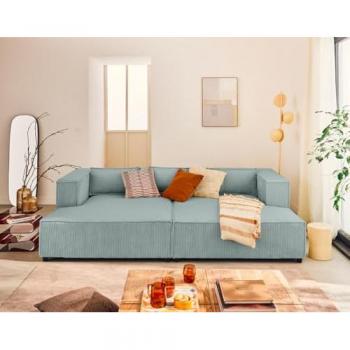 Canapé Stella – Droit – 3 Places – Bleu – Velours Côtelé – Assise Profonde – Méridienne Double