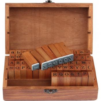 Vintage 70 Pcs Wooden Alphabet and Number Stamps with Dark Brown Storage