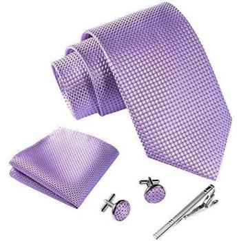 Massi Morino Herren Krawatte 1 Stück Lila – Einstecktuch, Manschettenknöpfe & Krawattennadel in Geschenkbox