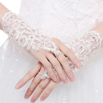 Bridal Fingerless Lace Gloves with Rhinestones