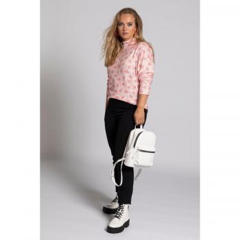 Maglia fine con fantasia di rose, colletto alto, bianco, taglia 56/58, poliestere/viscosa