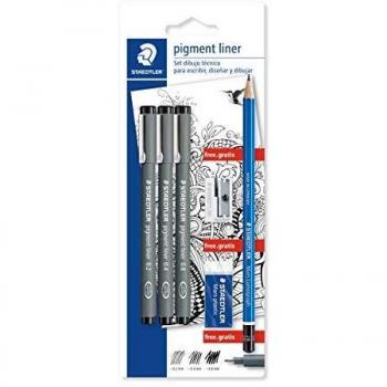 Staedtler 308 SBK3P artist Set mit 3 Pigment Linern Schwarz 0.3, 0.5, 0.7 und einem Bleistift