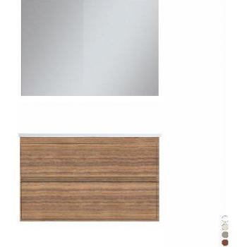 Mueble Suspenso Elegante Alerce Blanco con Dos Cajones Gola, Lavabo 90x46 cm, Espejo 90x70 cm y Luz LED