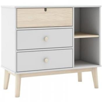 Commode 3 tiroirs 2 niches MDF et pin coloris blanc et naturel, Altobuy