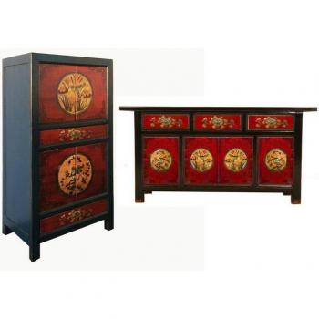 Suite di Arredamento Asiatico Vintage con Credenza e Armadio