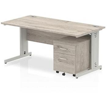 Impulse 1600x800mm Desk Grey Oak Silver Cable Managed Leg+ Mobile Ped