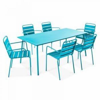 Table de jardin avec 6 fauteuils en métal bleu