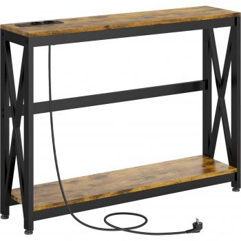 Mesa de Consola de 2 Niveles con Carga USB y Estructura de Acero 100x24x75cm Marrón Rústico