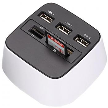 Hub USB 3 porte con lettore di schede multiple M2/MS/TF/SD e luce LED (bianca)